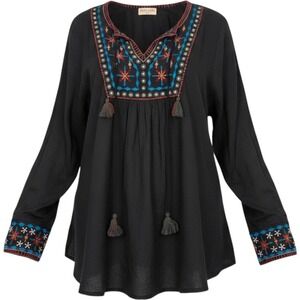 Lula Soul Embroidered Peasant Blouse Black Boho Tassel Viscose Top Women XS